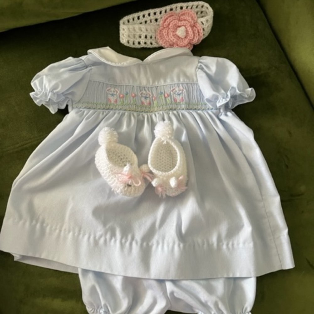 Easter dress, Petit Ami, light blue with crochet booties and headpiece